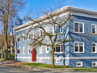 Historic residential building on winter season in Vancouver, Canada