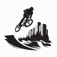 Obraz premium Silhouette of a teenage boy doing stunts on a BMX bike in a city Park silhouette vector