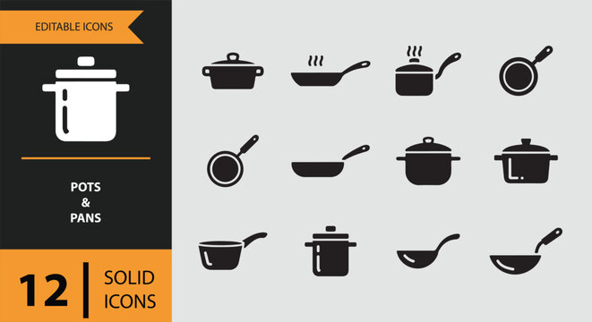 Pots and Pans Icons solid icon set.Kitchen pots and pans solid icons