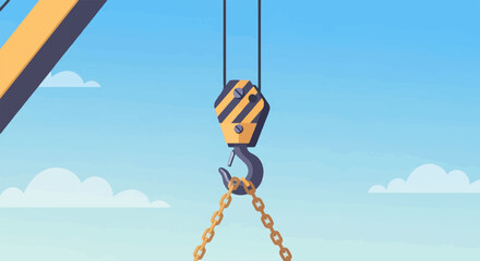 A yellow and black striped crane hook hangs from cables against a blue sky