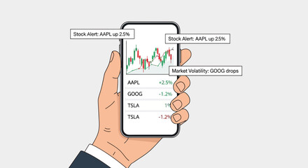 Hand holding mobile phone displaying business stock market graph with financial data and charts
