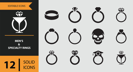 Mens and Specialty Rings Icons solid icon set.Masculine specialty ring solid icons