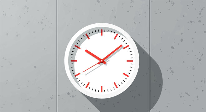 A simple white clock with red hands hangs on a gray, textured wall