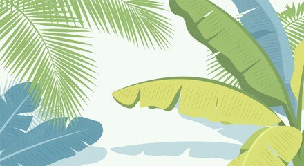 A vibrant composition of lush green and blue palm and banana leaves against a white background © samsudin