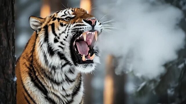 A roaring tiger stands beside a tree trunk in a misty forest, viewed from a low angle, exuding wild beauty and power.