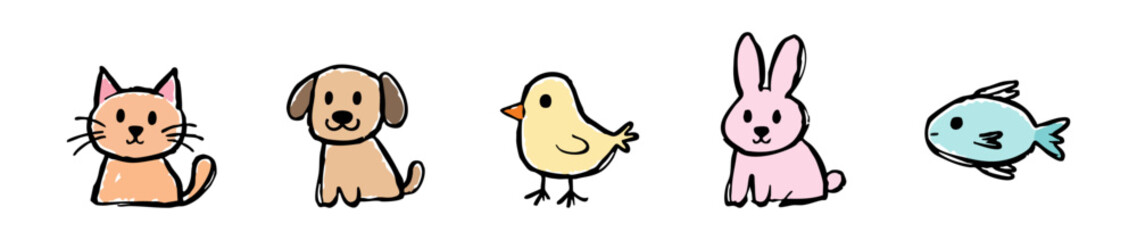Set of cute hand-drawn animal doodles including a cat, dog, chick, rabbit, and fish. Simple colorful cartoon characters on white background. © liubomir118809