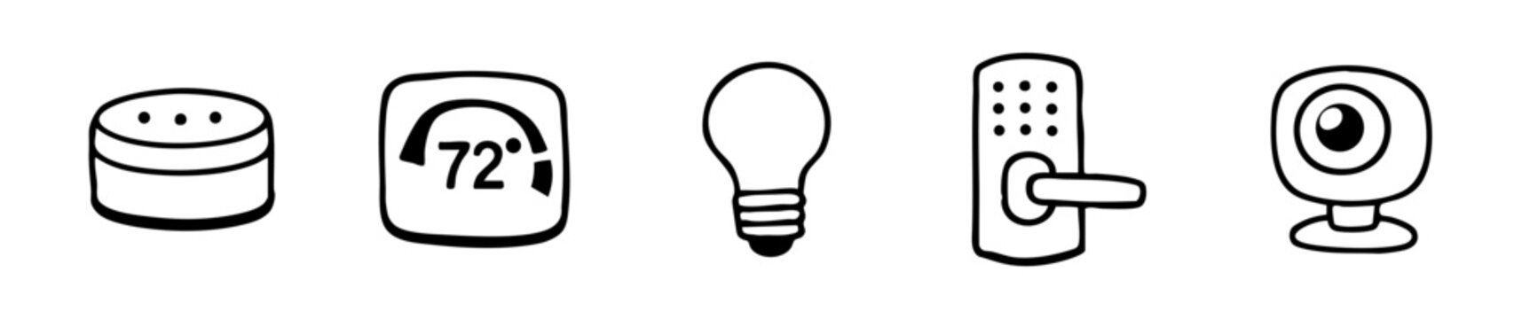 Set of hand-drawn smart home icons including a smart speaker, thermostat, light bulb, digital lock, and security camera in black line art style.