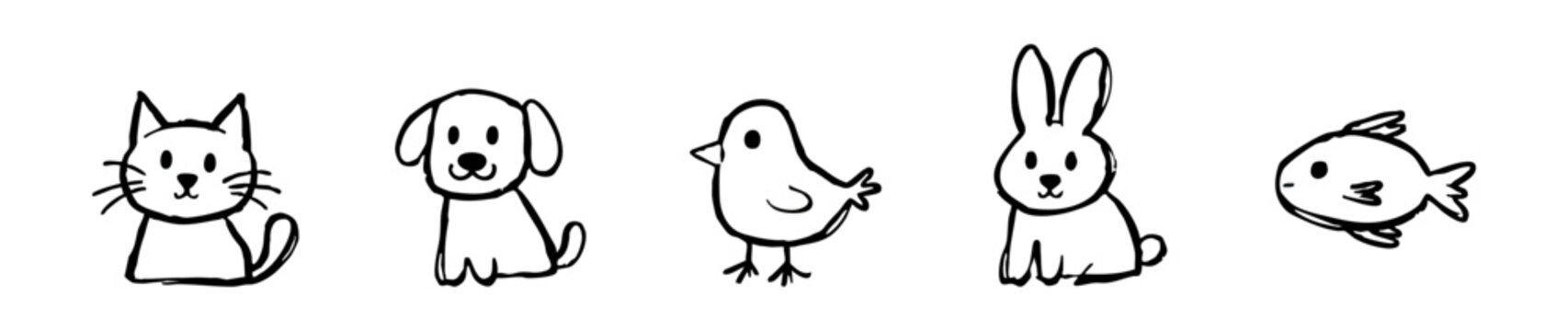 Hand-drawn set of five cute pet icons: cat, dog, bird, rabbit, and fish. Simple black line art doodle illustrations on a white background.