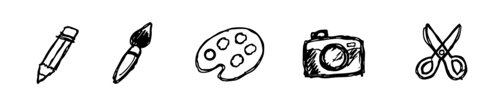Set of hand-drawn art and craft icons featuring a pencil, brush, palette, camera, and scissors in a minimalist sketchy doodle style.