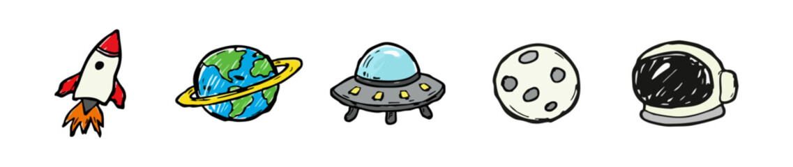 Hand-drawn space exploration icons featuring a rocket, planet, UFO, moon, and astronaut helmet in a colorful doodle style. © liubomir118809