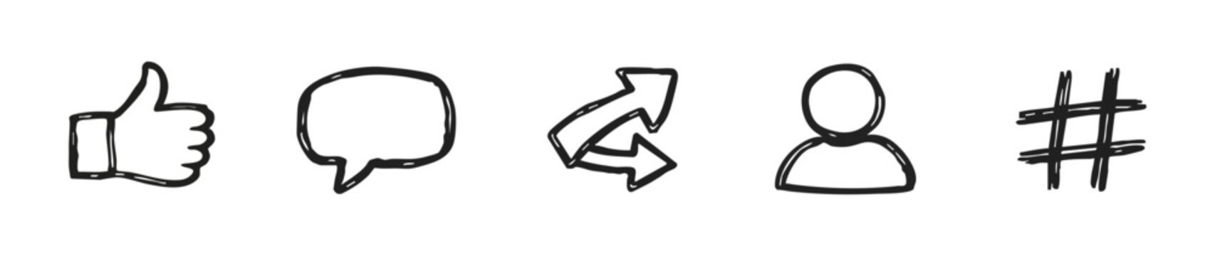 Hand-drawn doodle style social media icons: thumbs up, speech bubble, retweet, profile, and hashtag symbols on a white background.