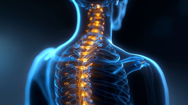 Medizinische 3D-Darstellung der menschlichen Halswirbels&auml;ule mit leuchtend orangefarbener Schmerzvisualisierung auf schwarzem Hintergrund