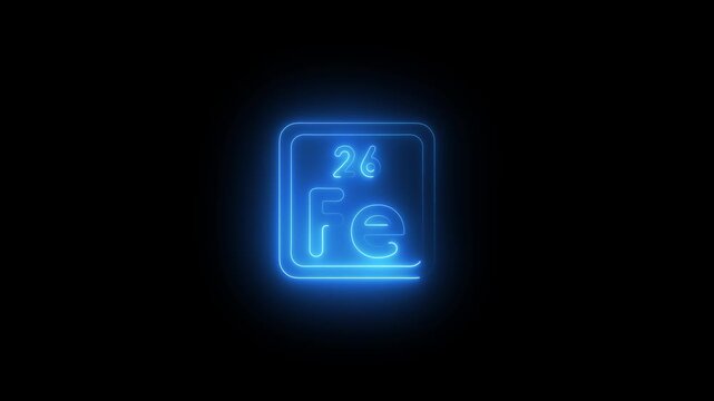 Neon glowing iron symbol with atomic number on dark background