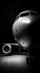 Fototapeta premium Elegantes Flugzeug mit glänzender Oberfläche steht im dunklen Hangar in dramatischer Beleuchtung