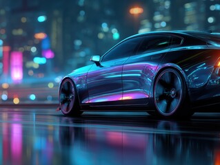 Fototapeta premium Sleek black luxury sedan parked on a reflective urban street at night, illuminated by colorful neon lights from nearby buildings and street lamps