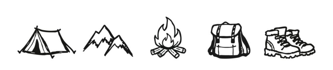 Set of hand-drawn camping and hiking icons including a tent, mountains, campfire, backpack, and boots for outdoor adventure and travel designs. © liubomir118809