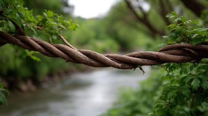 A thick twisted vine crosses over a flowing river amidst lush green foliage