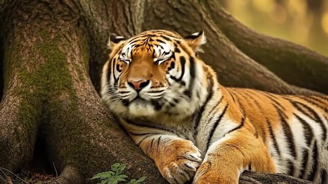 A majestic tiger resting against a large tree trunk in a serene forest environment from a close-up viewpoint