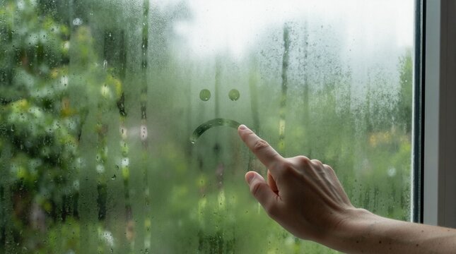 Finger drawing sad smiley face on steamy window with rain drops. Melancholy and bad weather concept