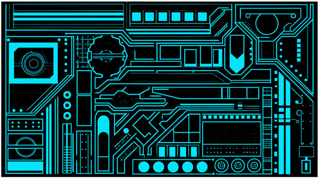 Abstract circuit board design with glowing blue lines on a black background