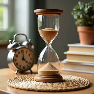 Hourglass on desk with alarm clock and books. Sand falls in glass timer. Potted plant nearby shows nature. Time management concept study or work.
