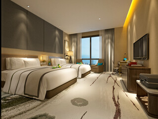3d render of double bed hotel room interior