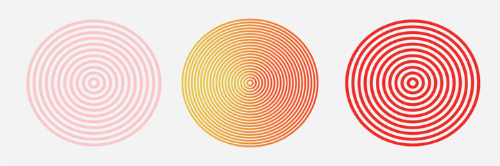 Red concentric ripple circles set. Sonar or sound wave rings collection. Epicentre, target, radar icon concept. Radial signal or vibration elements. Halftone vector illustration