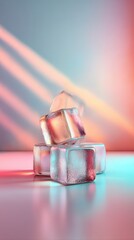Prism rays and vibrant colors refract through stacked ice cubes on polished glass. Dramatic shadows and a futuristic aesthetic create a visually striking composition.
