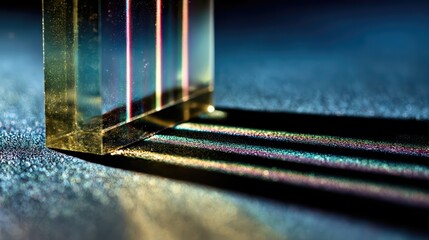 Abstract glass prism casting rainbow beams on a textured metallic surface. Dramatic side lighting accentuates refraction and shimmering fine-art details.