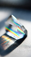 Abstract sculpture of layered translucent planes glows with soft rainbow illumination. Dreamy minimal composition evokes spiritual and introspective mood.