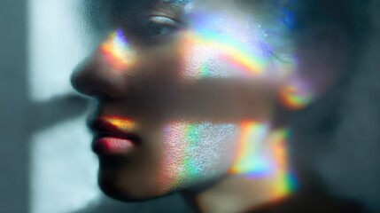 Moody close-up portrait of a face outlined behind frosted glass with prism rainbow beams. Abstract geometries and ghostlike shadows create a mysterious editorial feel.