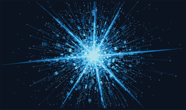 Futuristic Digital Big Bang Illustration - Abstract Cyan Tech Explosion with Circuit Lines and Data Blocks for AI, Cyber Security, and Space-Themed Backgrounds