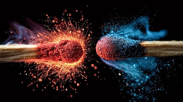 Two match heads collide in close up against black, producing contrasting red flames, blue smoke and flying sparks  a dramatic abstract of opposing forces and energetic reaction