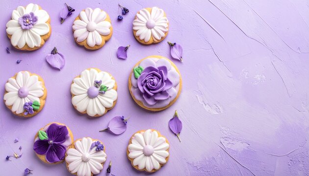 Floral decorated cookies in purple shades, flat lay, pastel backdrop