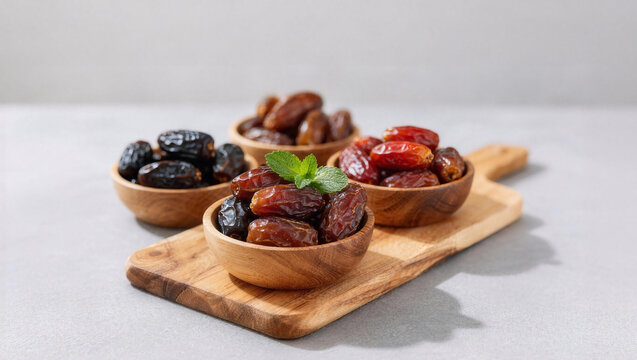 Close-up of assorted date varieties in wooden bowls arranged on a rustic wooden cutting board. Fresh dates in different colors (dark brown, reddish, and glossy black) are displayed with a sprig of min