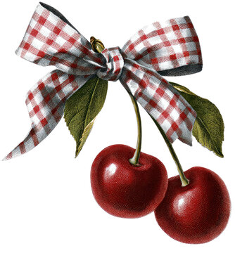 Two ripe cherries are shown, tied with a gingham bow, leaves visible, against a black backdrop