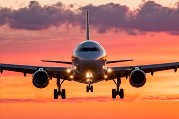 Naklejka premium Modern commercial airplane taxiing on illuminated runway at sunset, showcasing aviation technology, global transportation, travel industry, logistics infrastructure, and passenger mobility under.