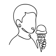 Dibujo sencillo con línea continua de un niño de pie de perfil comiendo un cucurucho de helado © teracreonte