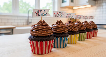 Colorful birthday cupcakes with chocolate frosting and festive toppers  