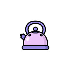 Obraz premium Adorable, cartoon-style kettle with big eyes, spout, handle, and purple details against black