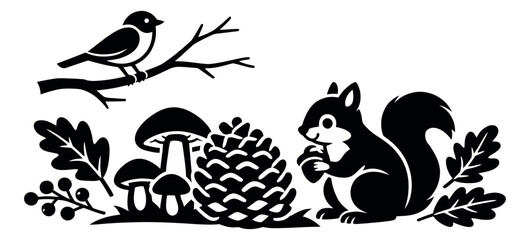 Obraz premium Stylized illustration of autumn forest creatures and elements depicting a bird on a branch, a squirrel holding an acorn, mushrooms, and foliage for seasonal decoration
