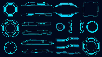 Futuristic user interface elements and glowing neon shapes on a dark background © Unnati