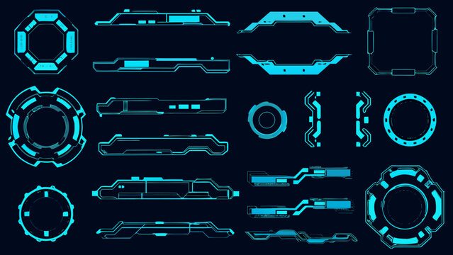 Futuristic user interface elements and glowing neon shapes on a dark background