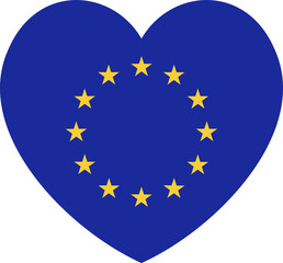 European Union flag push button, badge. European Union flag heart shape. EU flag, yellow stars on blue heart.