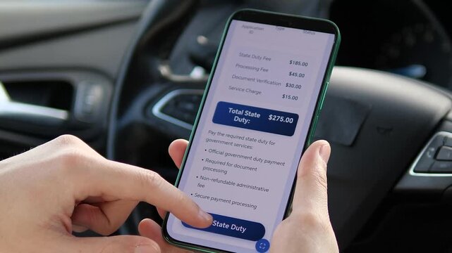 Paying State Duty via Mobile Government App in Car. Close-up of a person paying for document legalization through an official portal app. Shows fee breakdown, tapping Pay, and Payment Accepted success