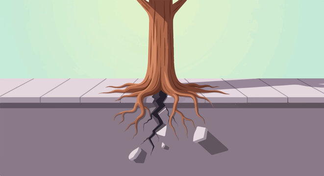 A tree trunk with exposed roots cracks pavement on a sidewalk