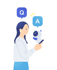 AIに聞いて答えを得る女性。スマホから飛び出しQ&Aに答えるAIアシスタントのイラスト素材。