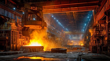 Molten steel pouring from furnace in industrial plant with worker silhouette, sparks and heavy machinery conveying intense heat and metalmaking process.