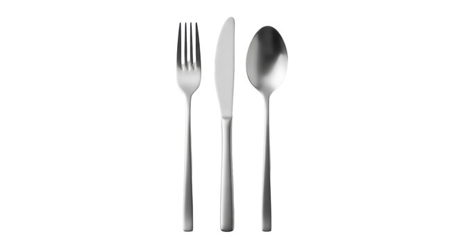 Silver fork, knife, and spoon isolated PNG, elegant cutlery set for dining and table setting on transparent background