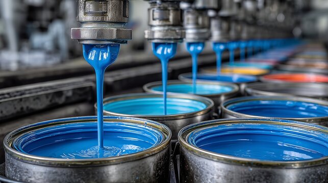 Factory production line filling paint can with blue paint from dispensing nozzle, conveyor, metal can, nozzle, liquid flow and worker safety context.